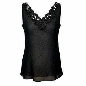 La Sera Pure Silk Black Sleeveless Tank Top w/ Lace Appliqué Size Small